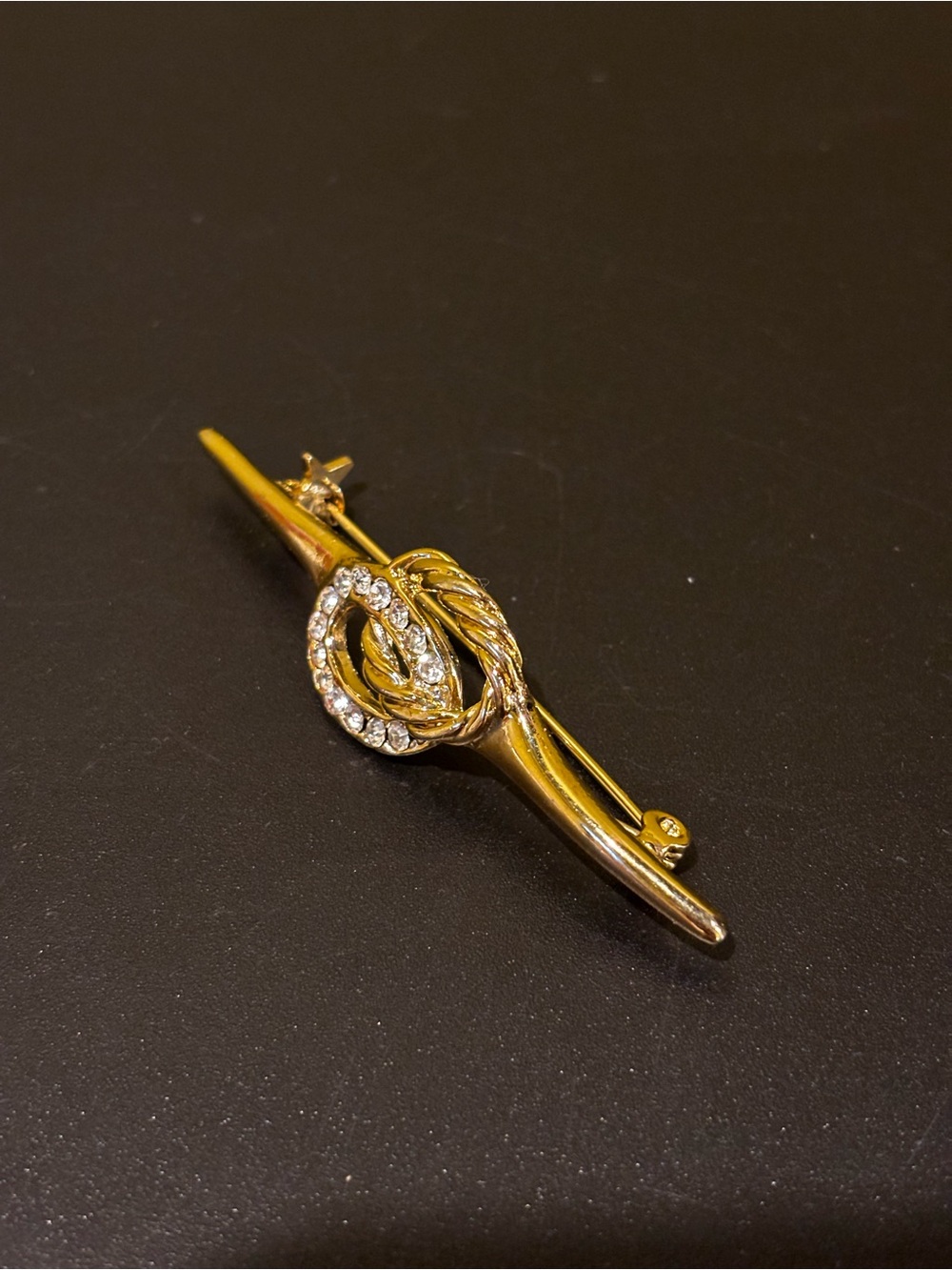 Gold Tone Rhinestone Knot Bar Brooch - Women's Jewelry